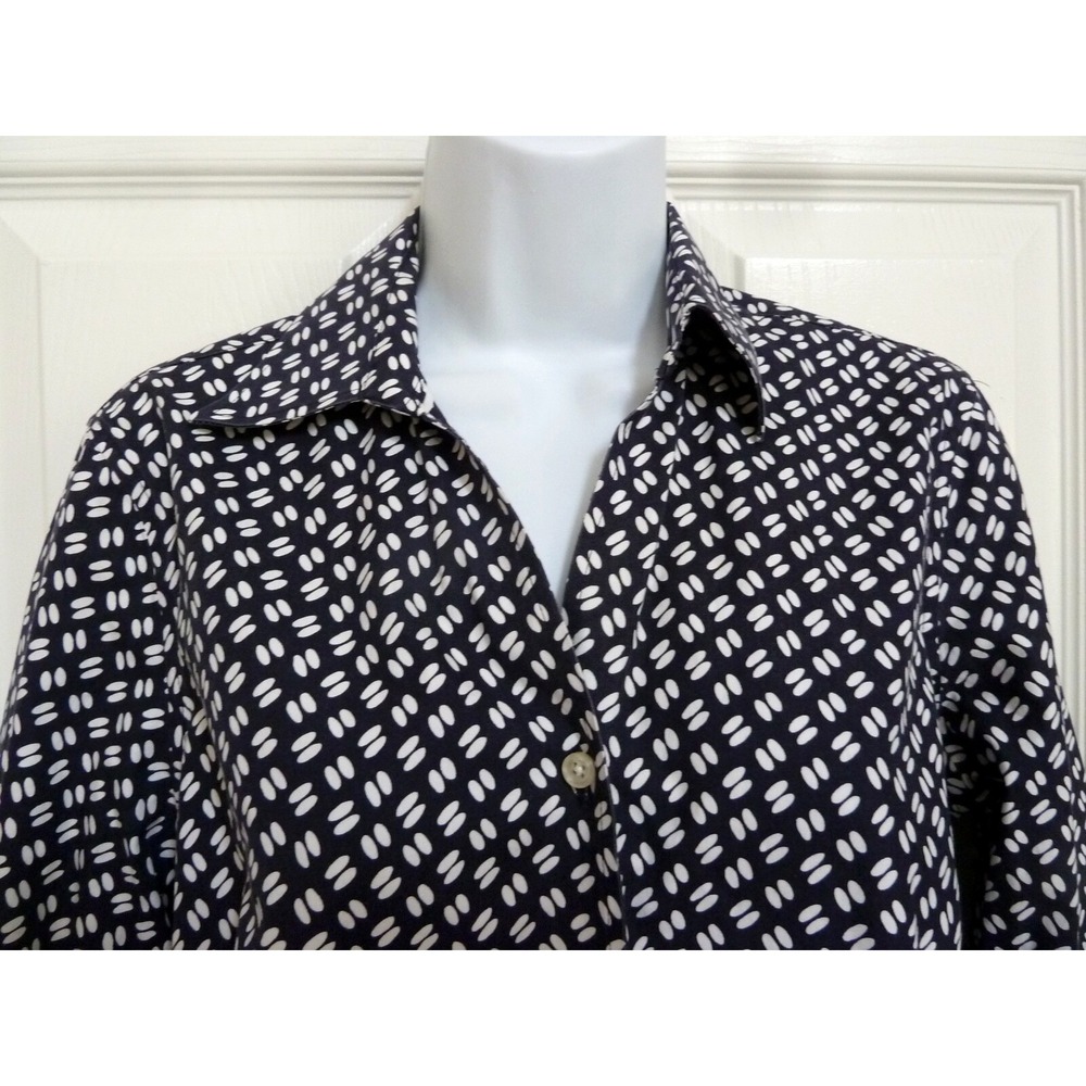 Lands' End Sz 10 Petite No Iron Pinpoint Oxford Blouse Navy Dotted Preppy Top